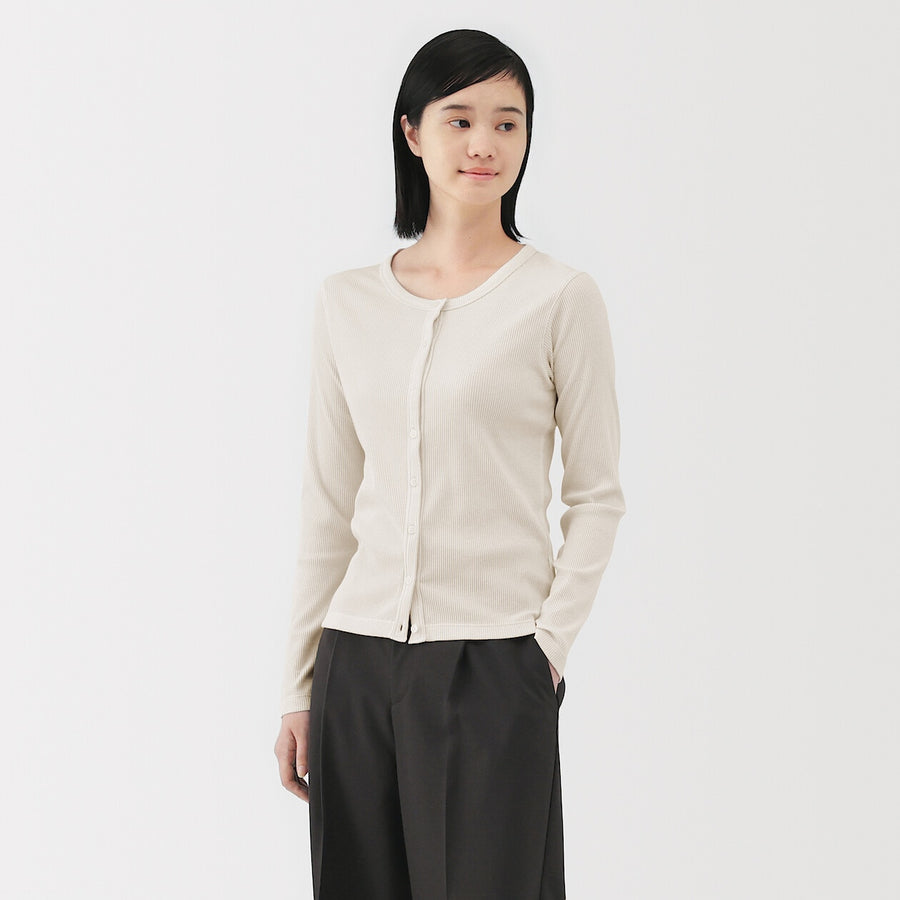 W's Lyocell blend ribbed crew neck cardigan Off whiteXS