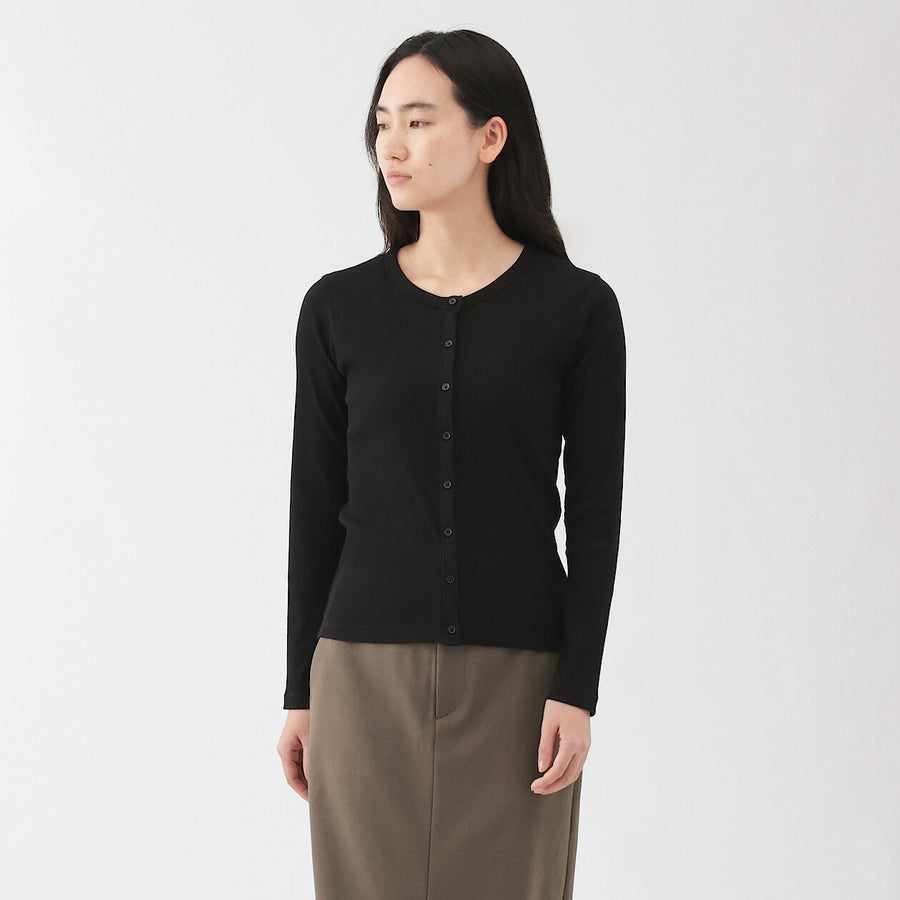 W's Lyocell blend ribbed crew neck cardigan Off whiteXS