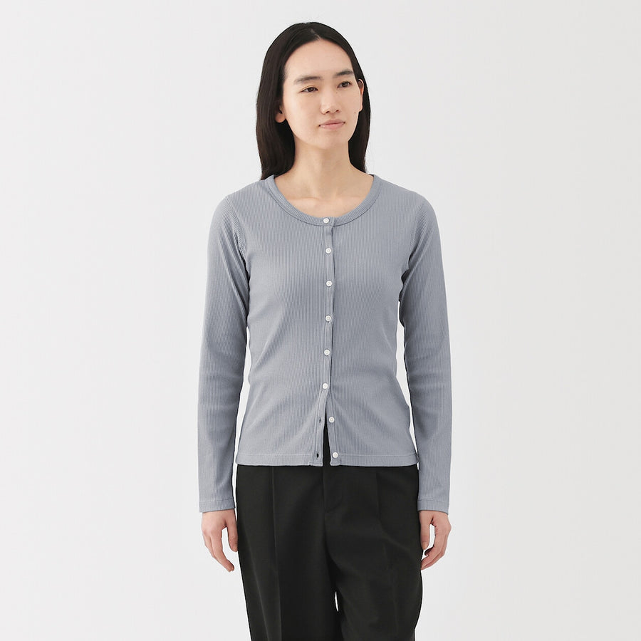 W's Lyocell blend ribbed crew neck cardigan Off whiteXS