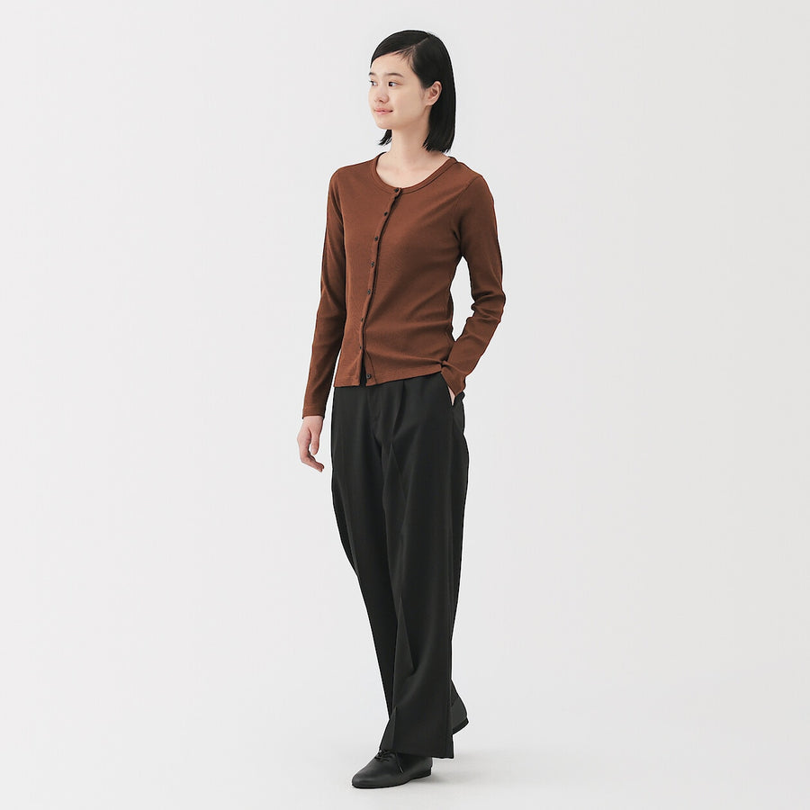 W's Lyocell blend ribbed crew neck cardigan Off whiteXS