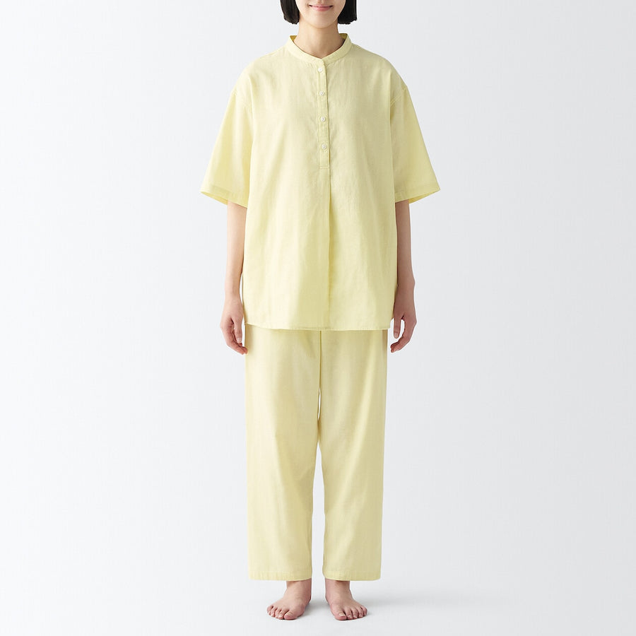 W's side seamless LW gauze half slv pajamasL yellow stripeXS