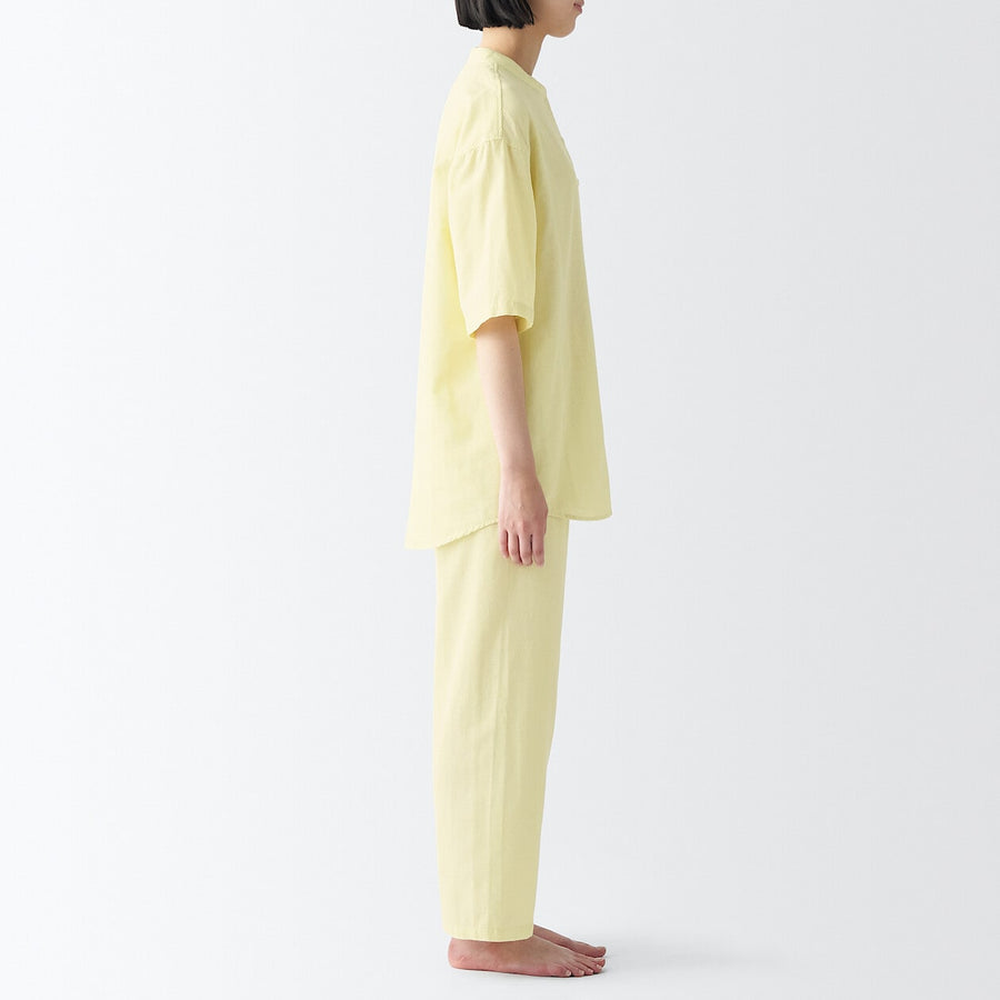 W's side seamless LW gauze half slv pajamasL yellow stripeXS