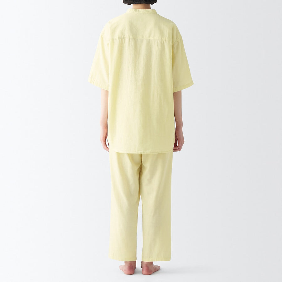 W's side seamless LW gauze half slv pajamasL yellow stripeXS