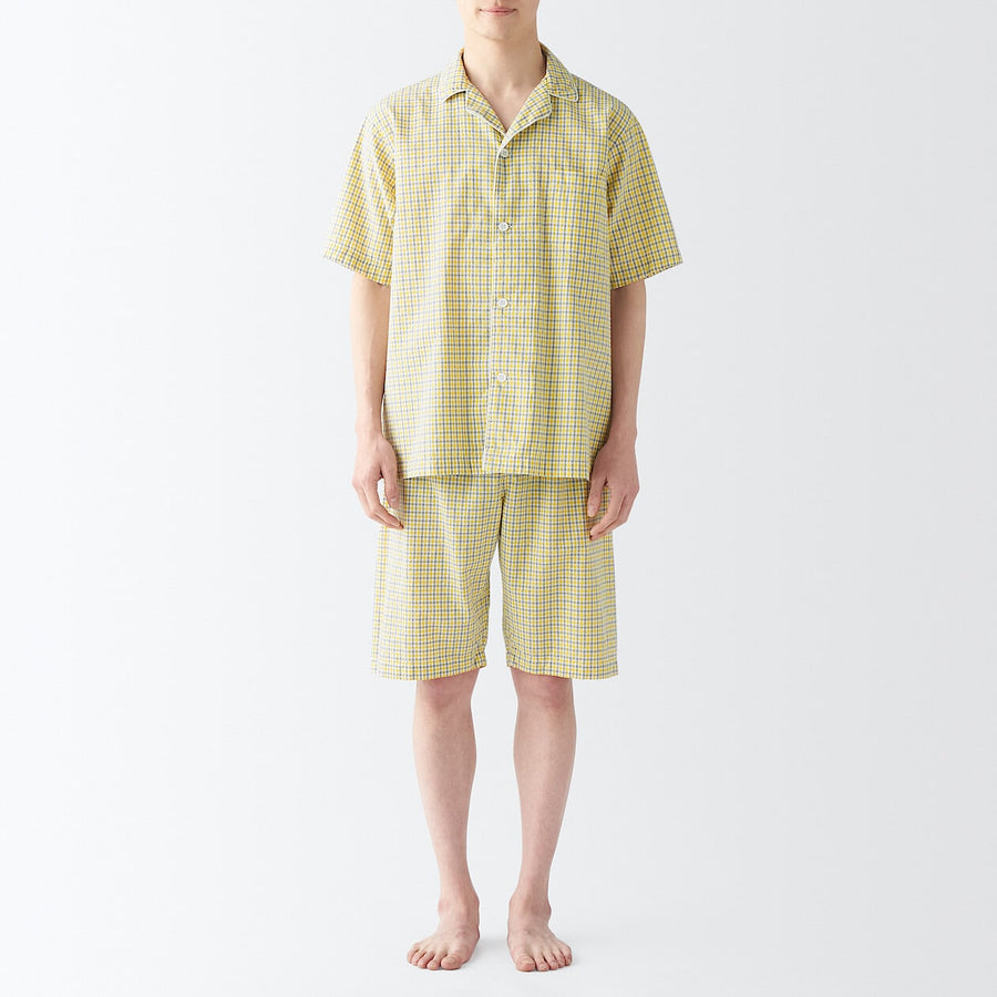 M's Side seamless sucker S/S pajamasYellow checkXS