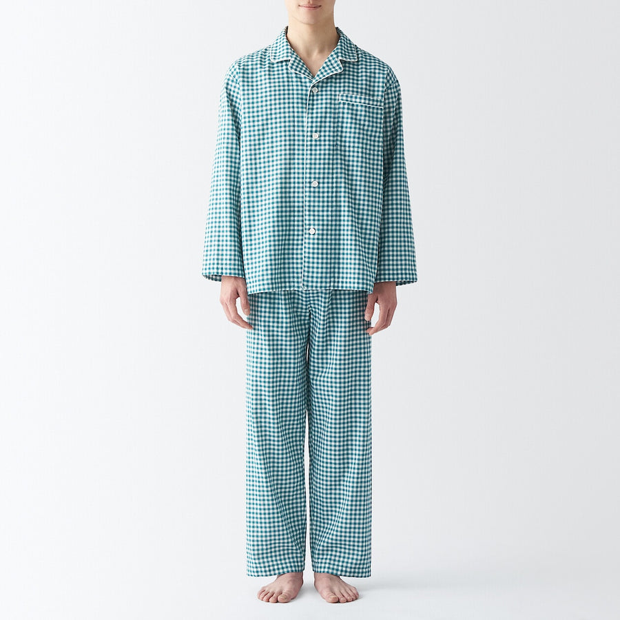 M's Side seamless double gauze L/S pajamasD green checkXS