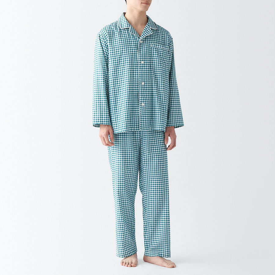 M's Side seamless double gauze L/S pajamasD green checkXS