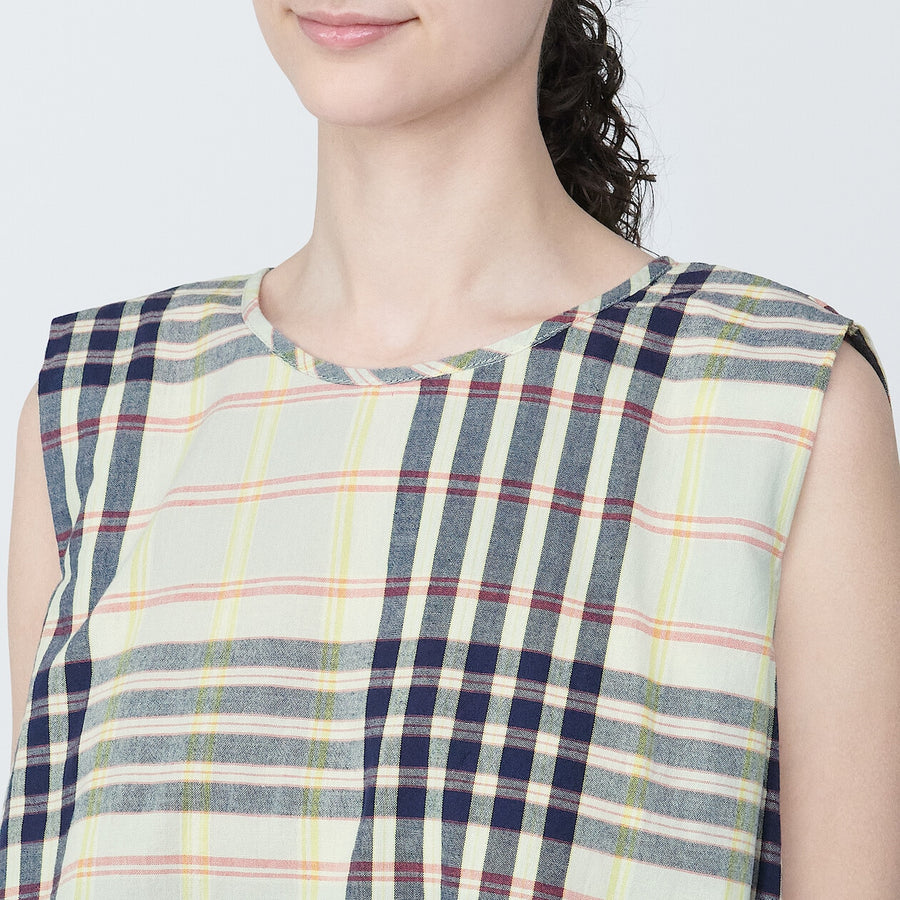 Women's Madras check Crew neck sleeveless blouseIvory ckXS