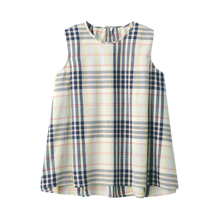 Women's Madras check Crew neck sleeveless blouseIvory ckXS