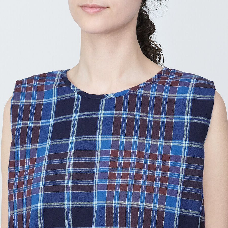 Women's Madras check Crew neck sleeveless blouseIvory ckXS