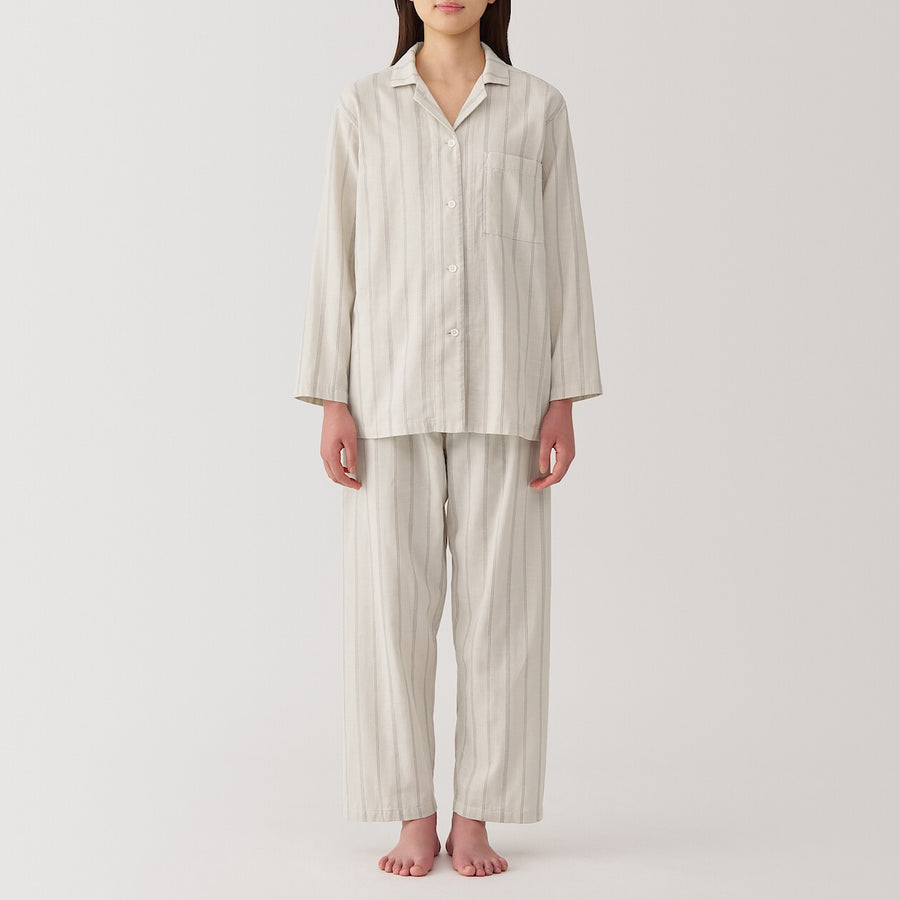 W's Side Seamless double gauze pajamas(L/S)D Navy Check XS