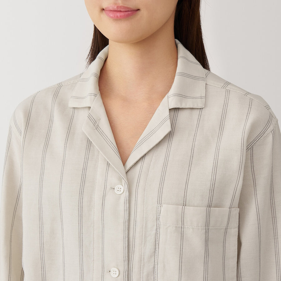 W's Side Seamless double gauze pajamas(L/S)D Navy Check XS