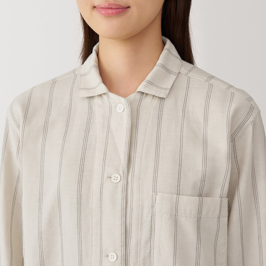 W's Side Seamless double gauze pajamas(L/S)D Navy Check XS