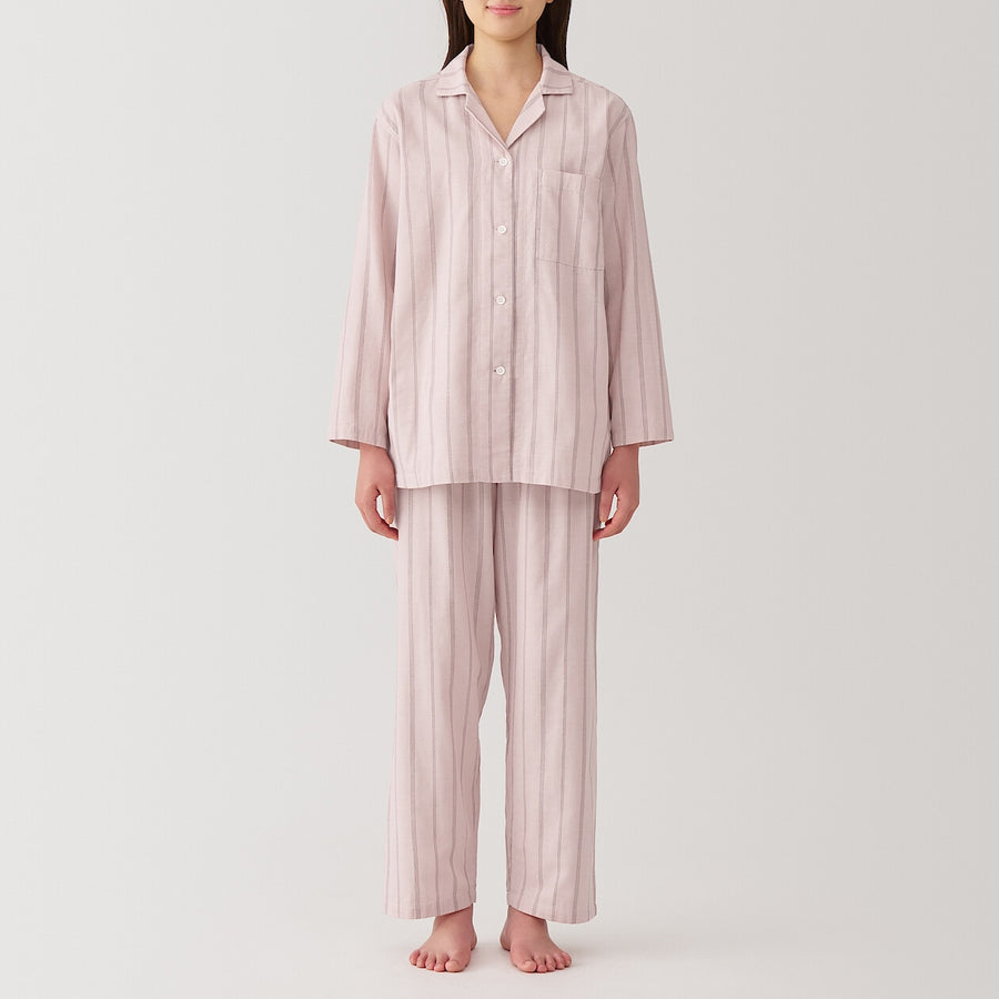 W's Side Seamless double gauze pajamas(L/S)D Navy Check XS