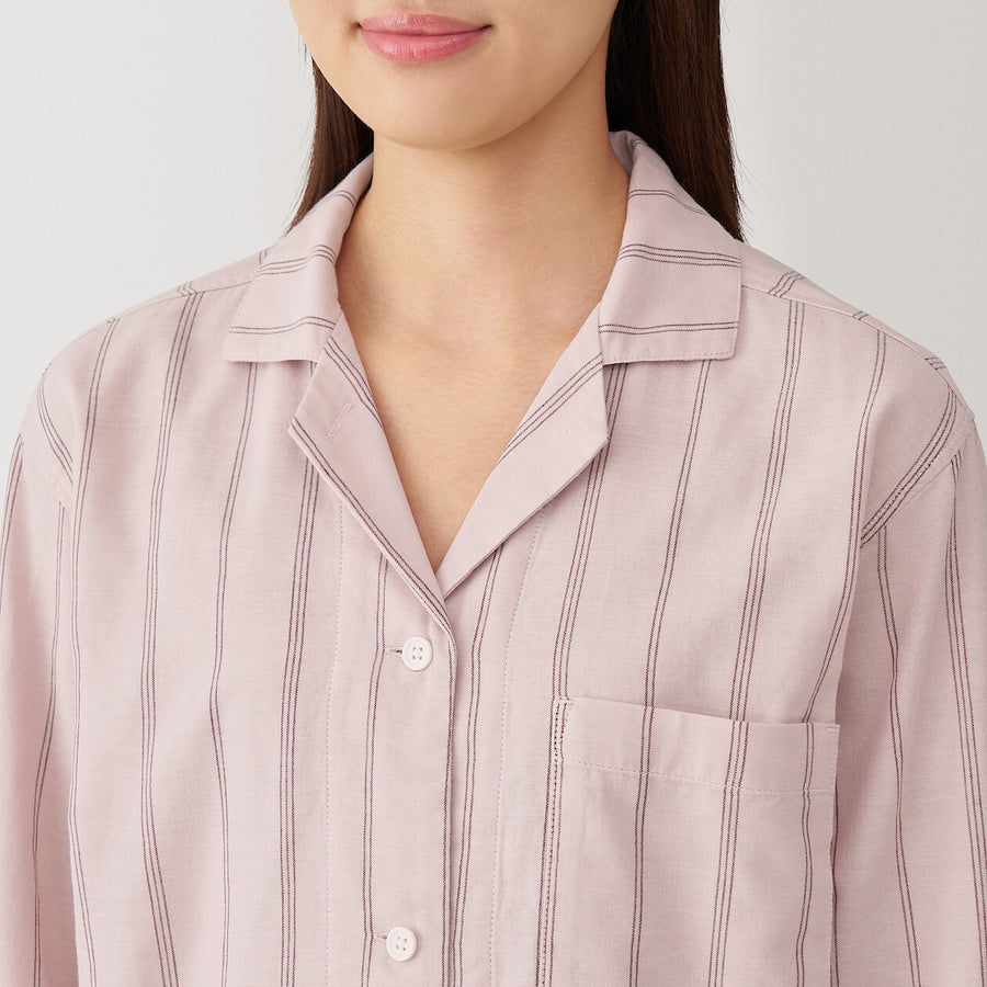 W's Side Seamless double gauze pajamas(L/S)D Navy Check XS