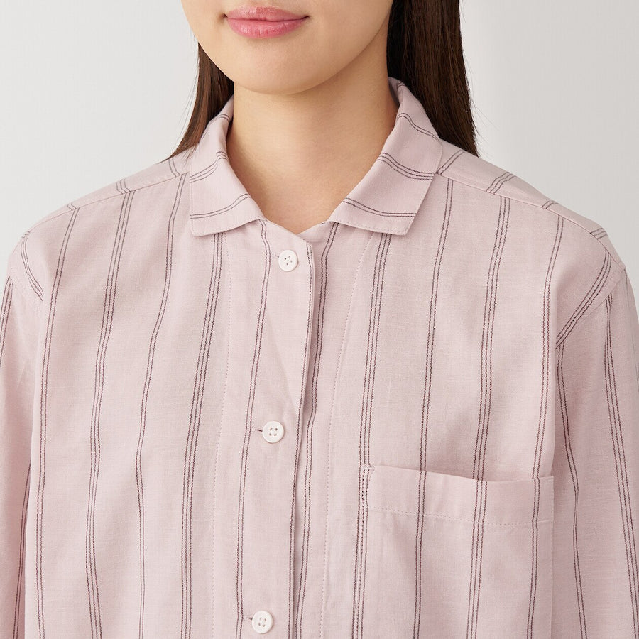 W's Side Seamless double gauze pajamas(L/S)D Navy Check XS