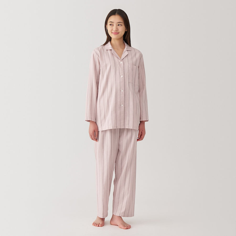 W's Side Seamless double gauze pajamas(L/S)D Navy Check XS