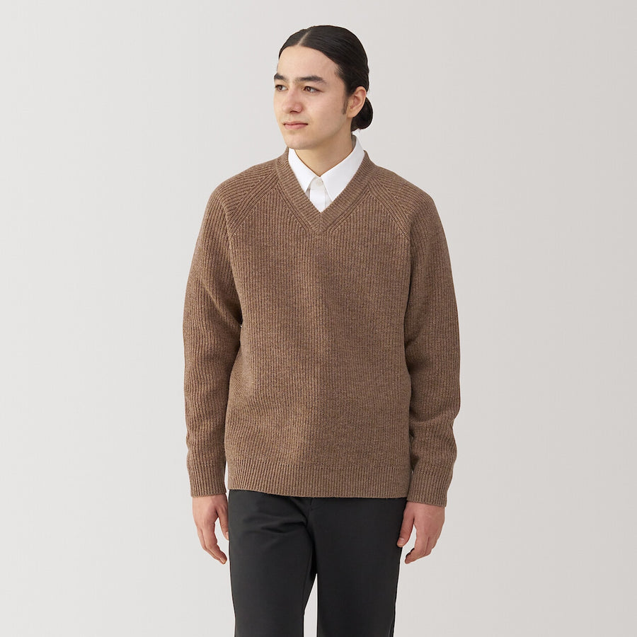 100% Wool Ribbed V-Neck Sweater