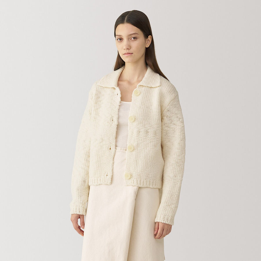 Women's wool low gauge  collared cardiganOff WhiteS
