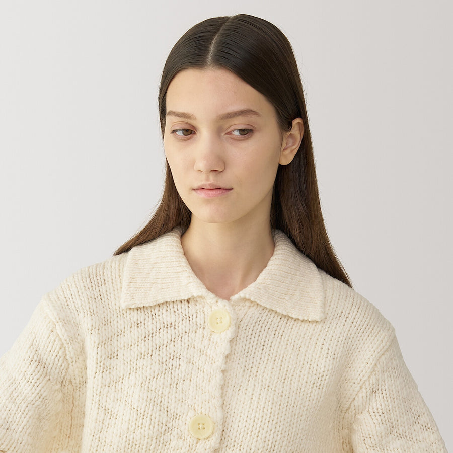 Women's wool low gauge  collared cardiganOff WhiteS