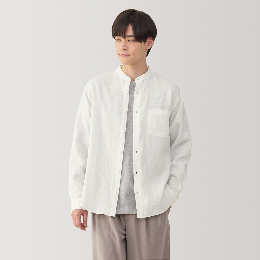 M's Washed linen stand collar L/Slv shirt WhiteXS
