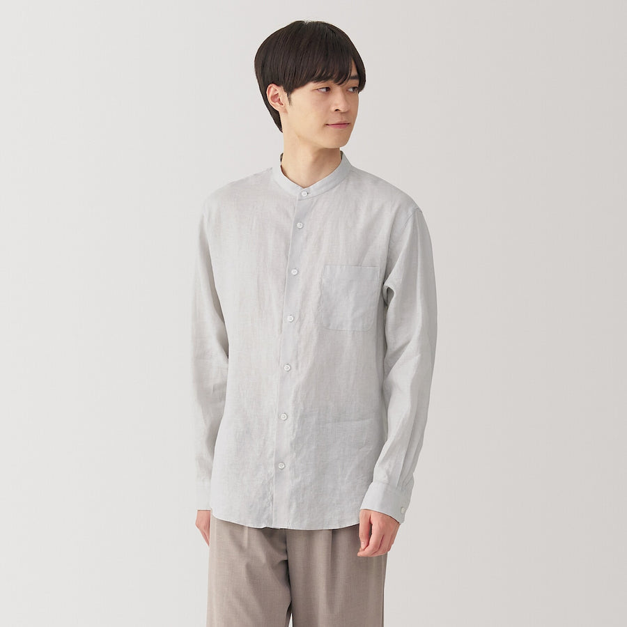 M's Washed linen stand collar L/Slv shirt WhiteXS