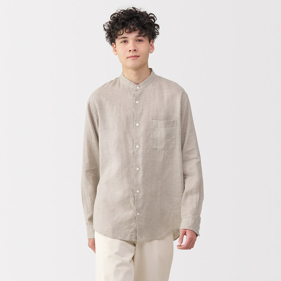 M's Washed linen stand collar L/Slv shirt WhiteXS