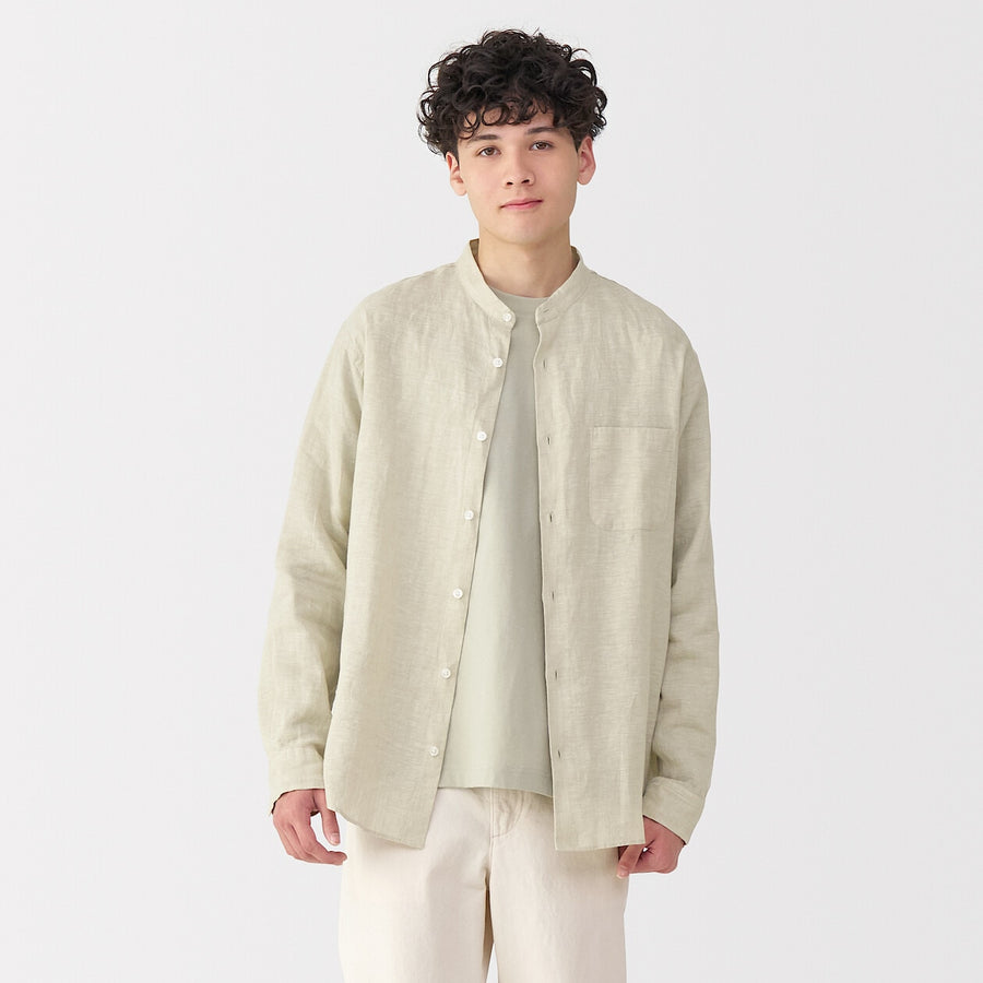 M's Washed linen stand collar L/Slv shirt WhiteXS