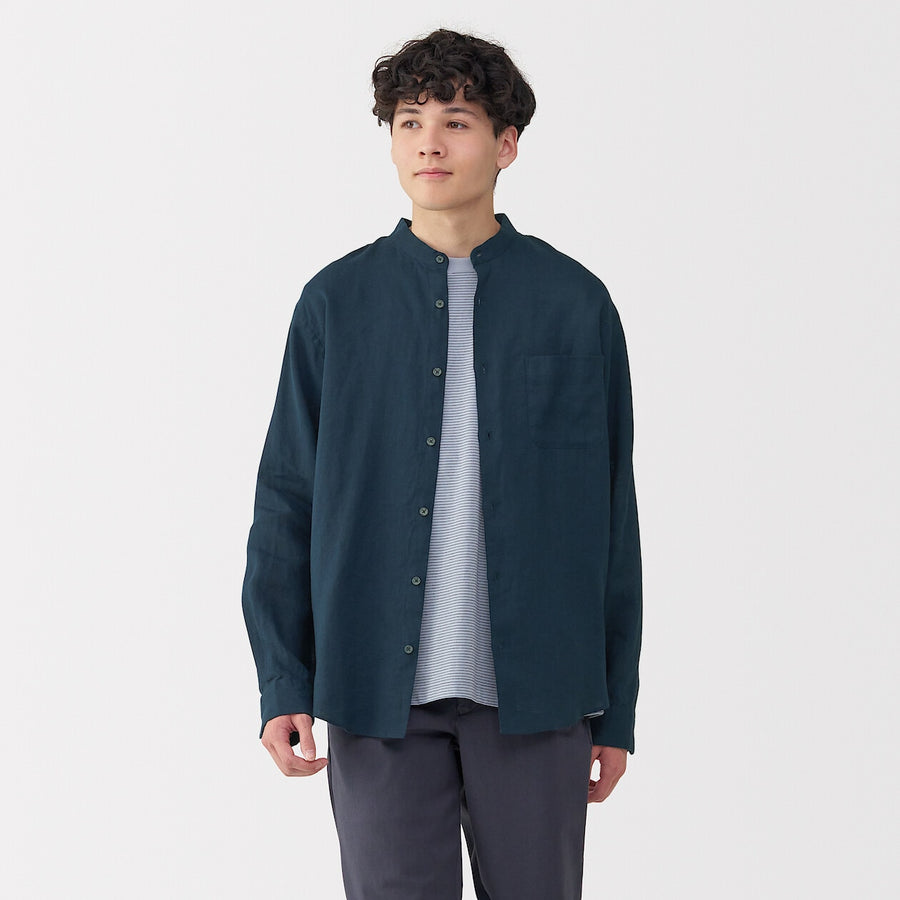 M's Washed linen stand collar L/Slv shirt WhiteXS
