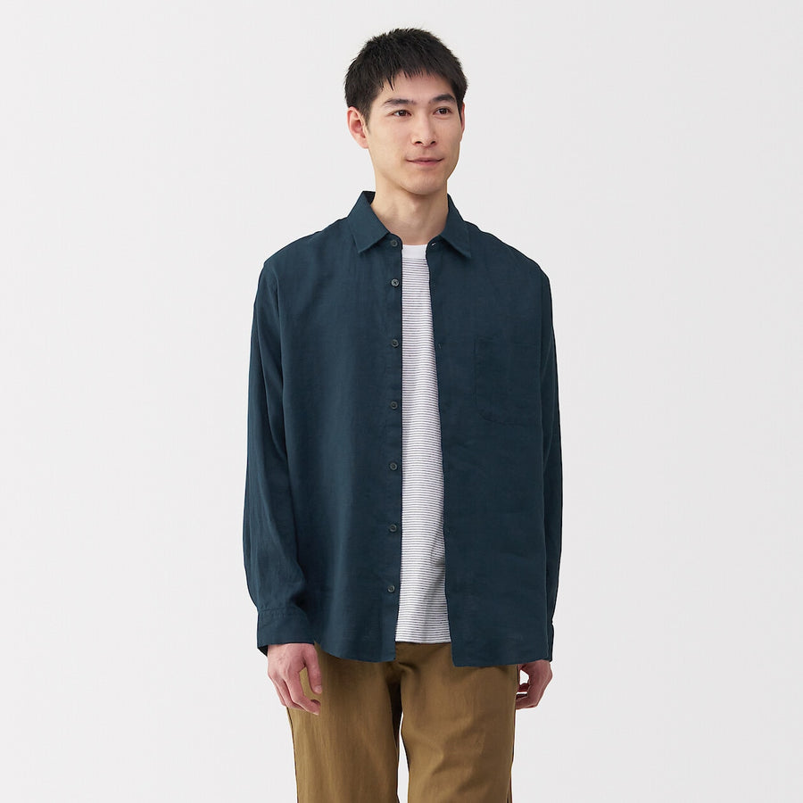 M's Washed linen L/Slv shirt (OS) WhiteXS