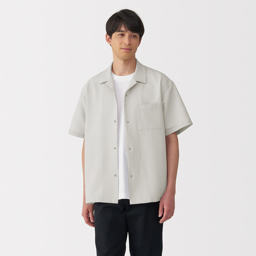 M's Breathable seersucker open collar S/Slv shirt L greyXS