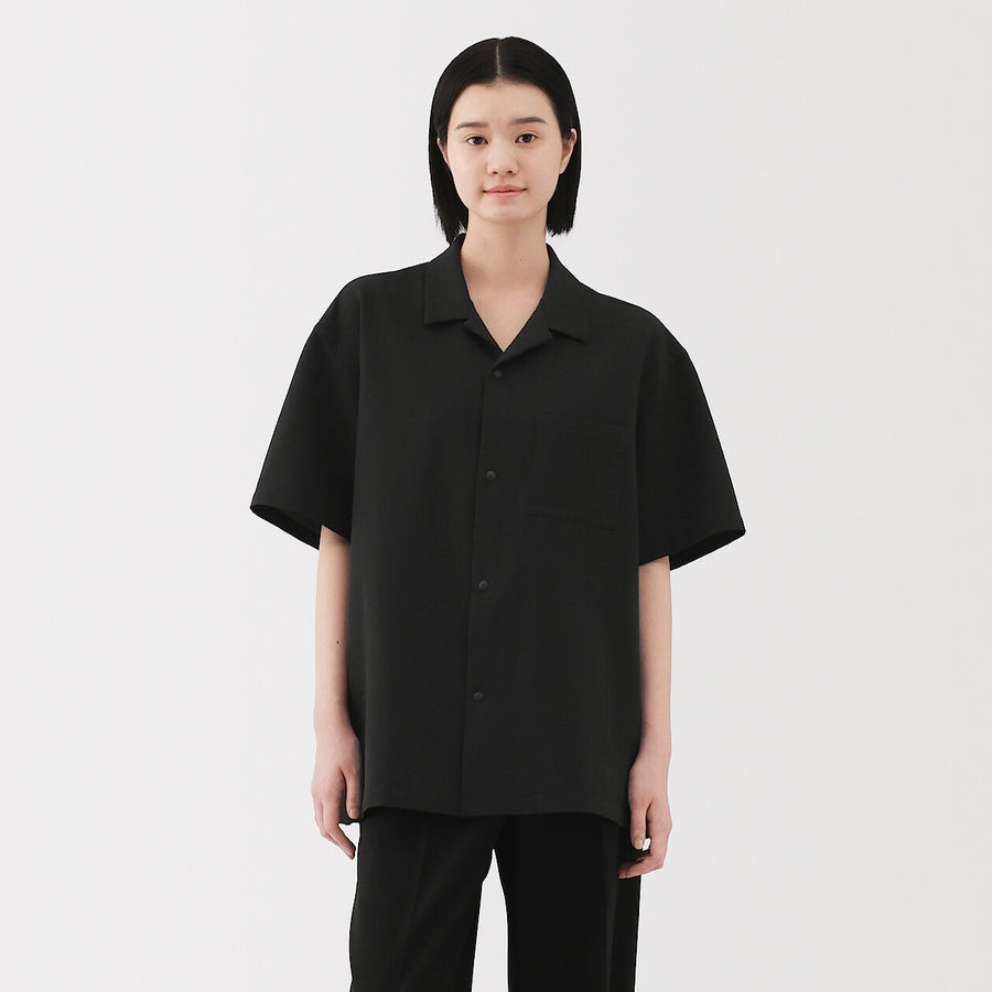 M's Breathable seersucker open collar S/Slv shirt L greyXS