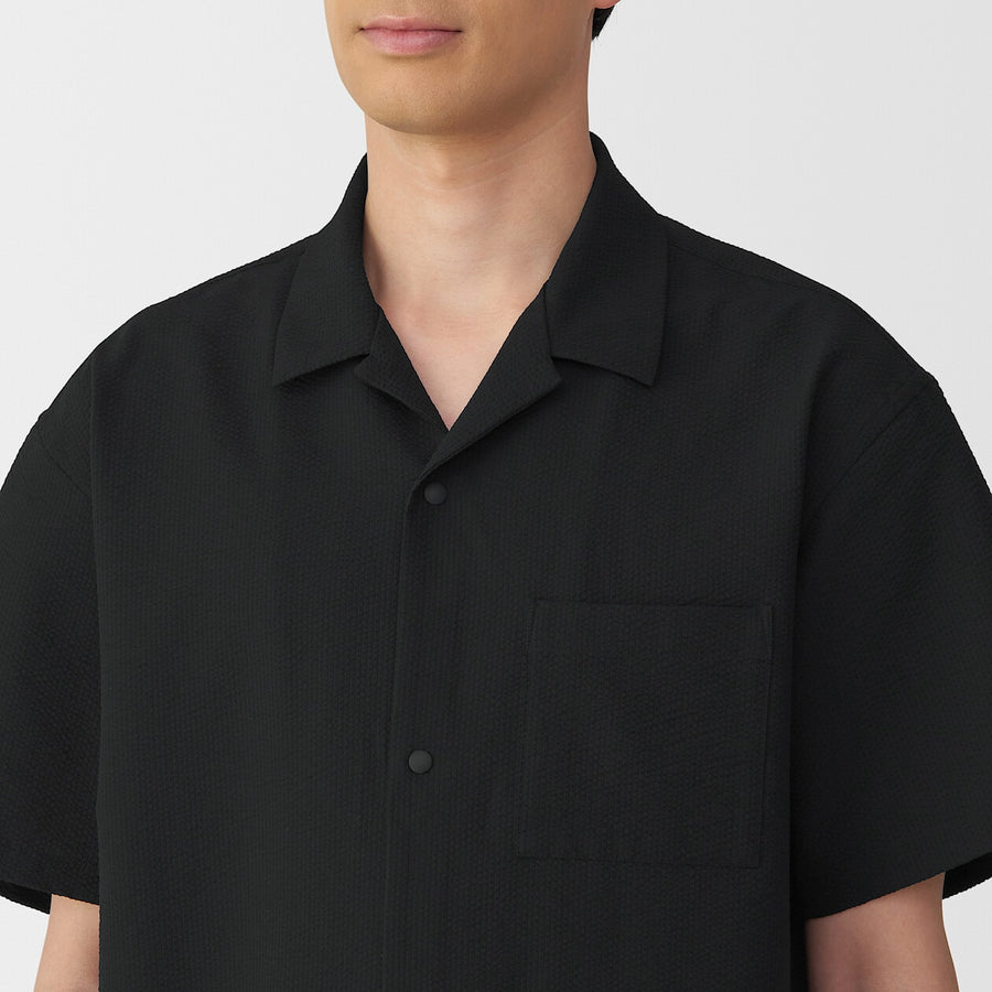 M's Breathable seersucker open collar S/Slv shirt L greyXS