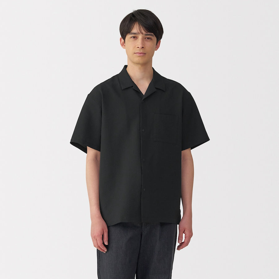 M's Breathable seersucker open collar S/Slv shirt L greyXS