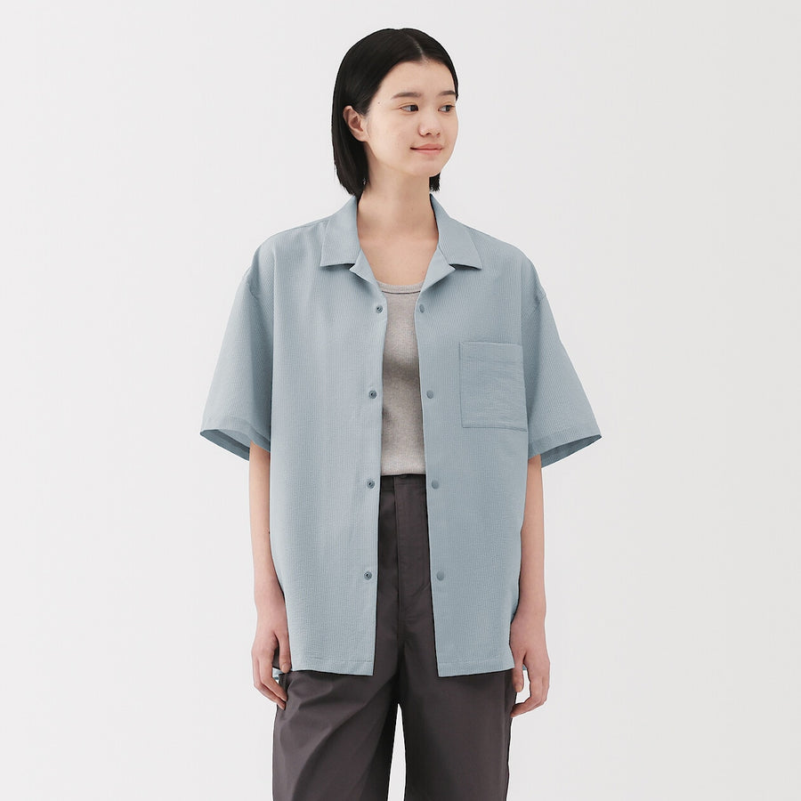 M's Breathable seersucker open collar S/Slv shirt L greyXS