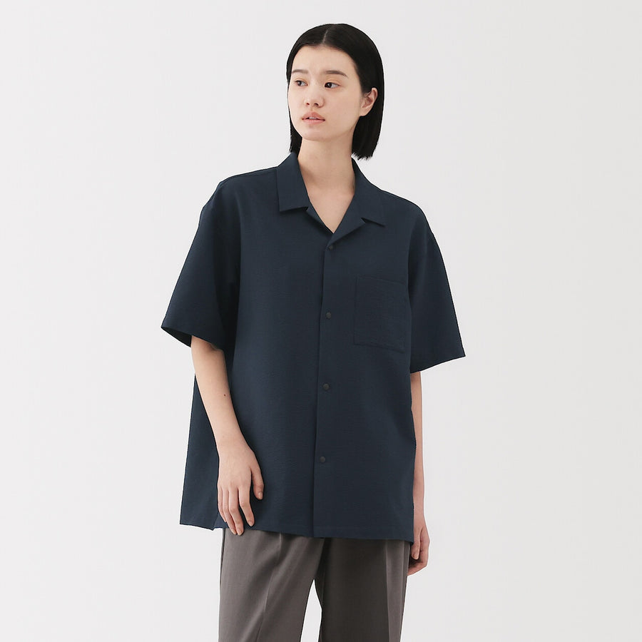 M's Breathable seersucker open collar S/Slv shirt L greyXS