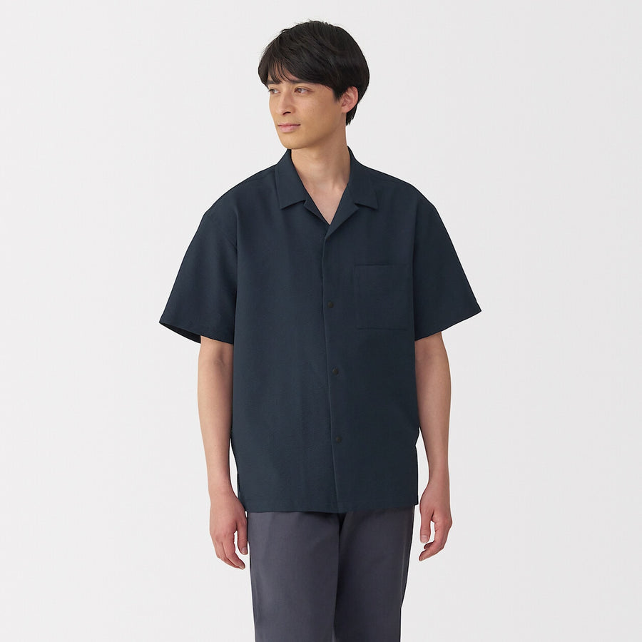 M's Breathable seersucker open collar S/Slv shirt L greyXS