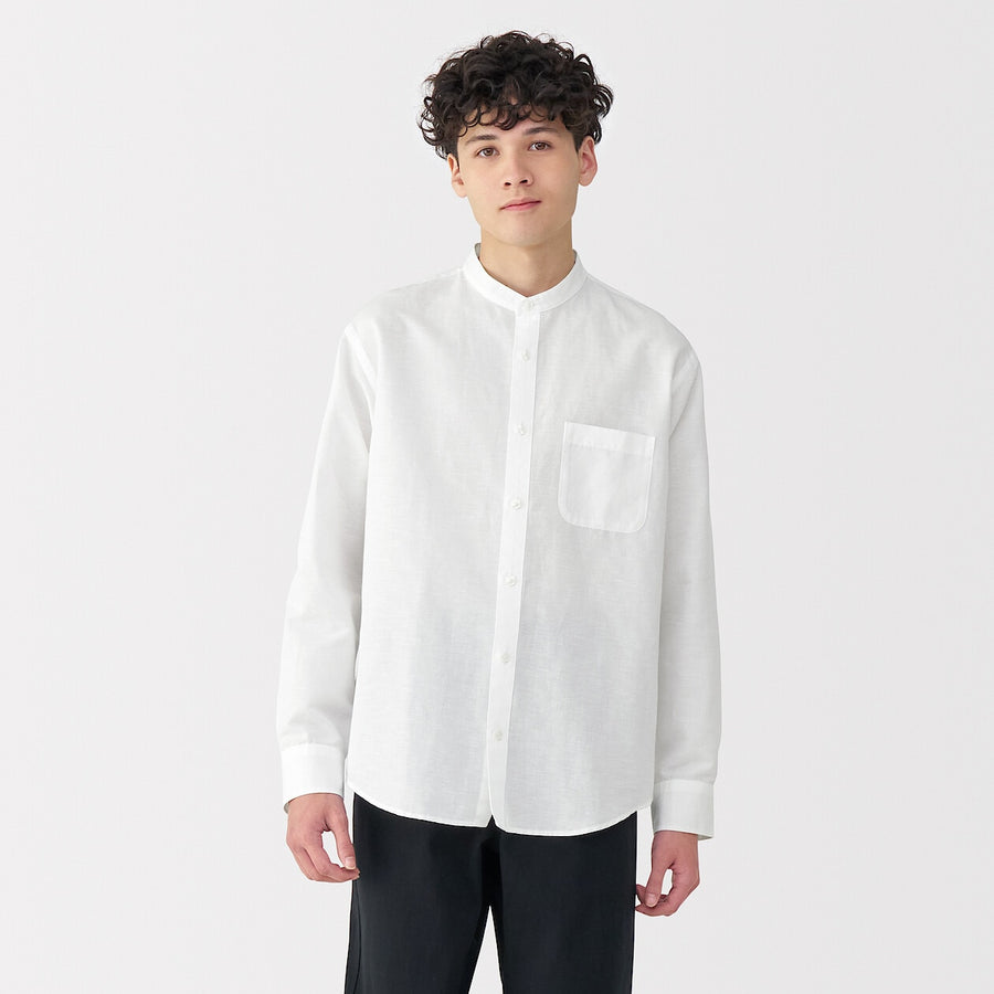 M's Hemp cotton stand collar L/Slv shirt WhiteXS