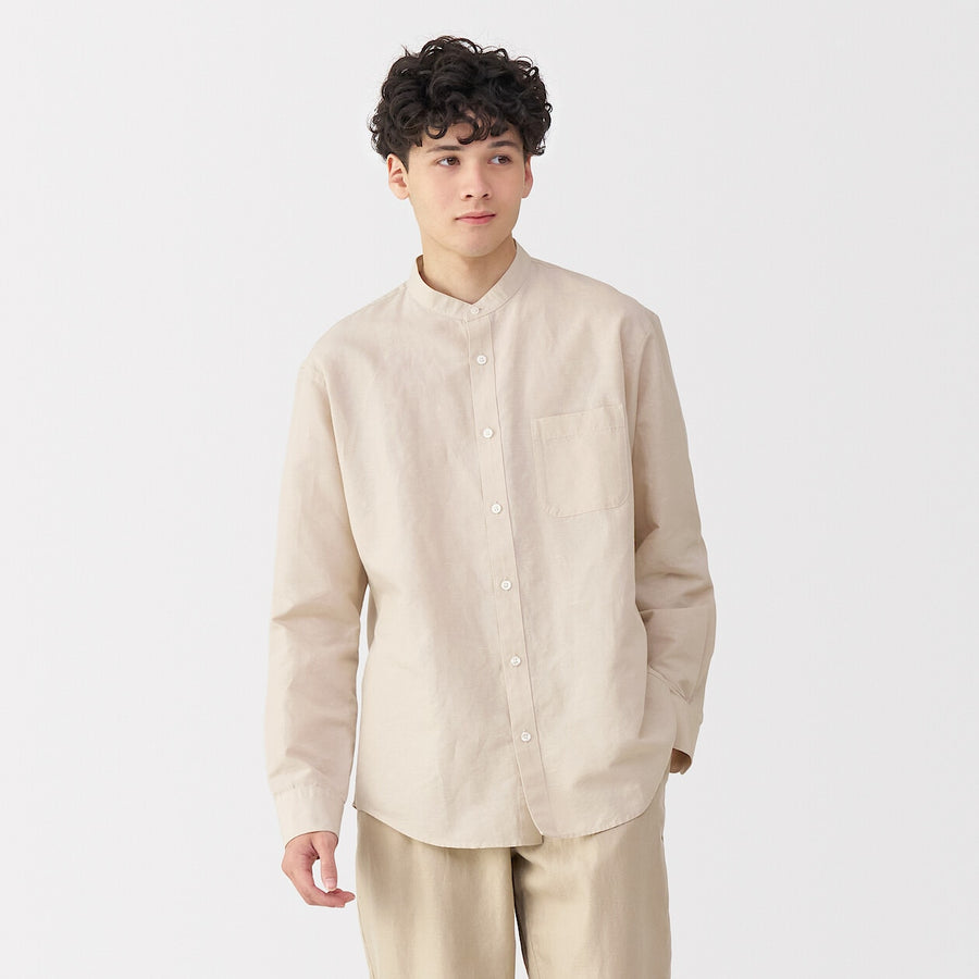M's Hemp cotton stand collar L/Slv shirt WhiteXS