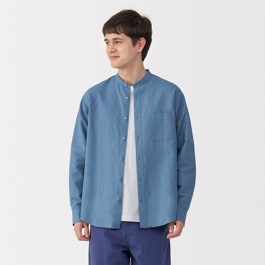 M's Hemp cotton stand collar L/Slv shirt WhiteXS