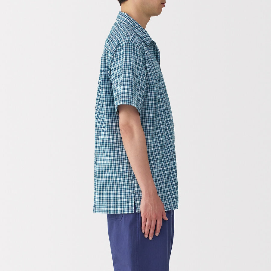 M's Madras Checked open collar S/Slv shirt Green CheckXS