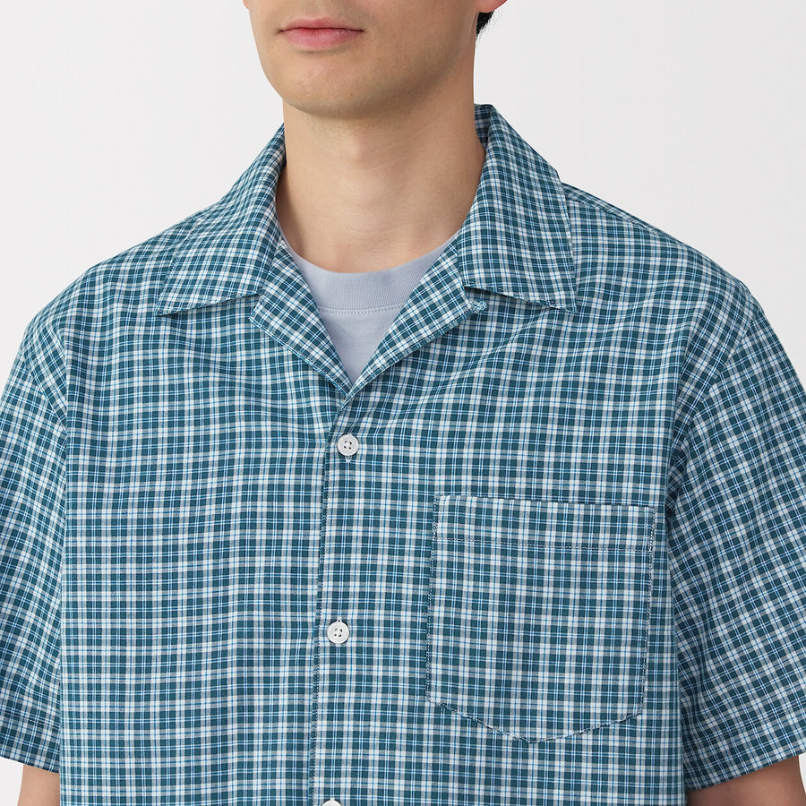 M's Madras Checked open collar S/Slv shirt Green CheckXS