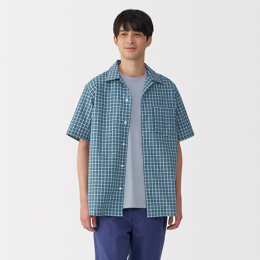 M's Madras Checked open collar S/Slv shirt Green CheckXS