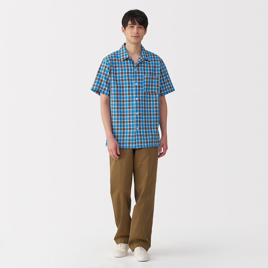 M's Madras Checked open collar S/Slv shirt Green CheckXS