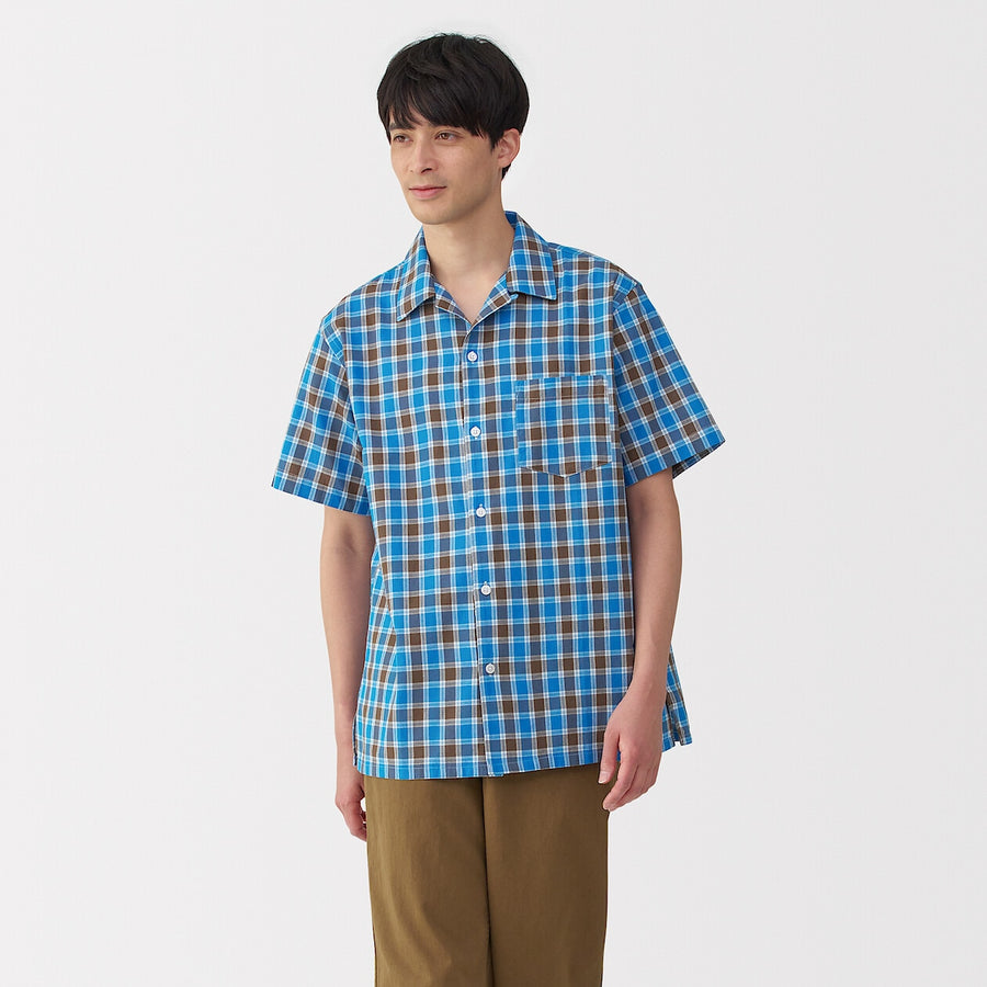 M's Madras Checked open collar S/Slv shirt Green CheckXS