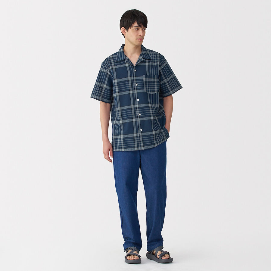 M's Madras Checked open collar S/Slv shirt Green CheckXS