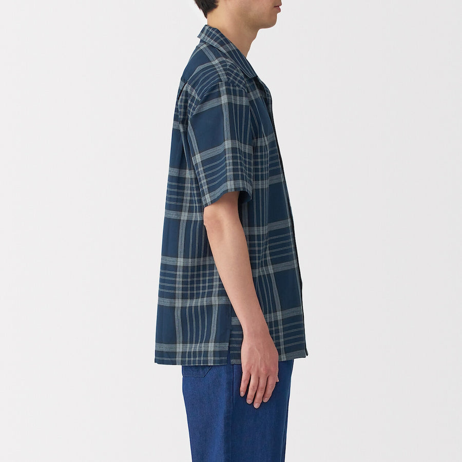 M's Madras Checked open collar S/Slv shirt Green CheckXS