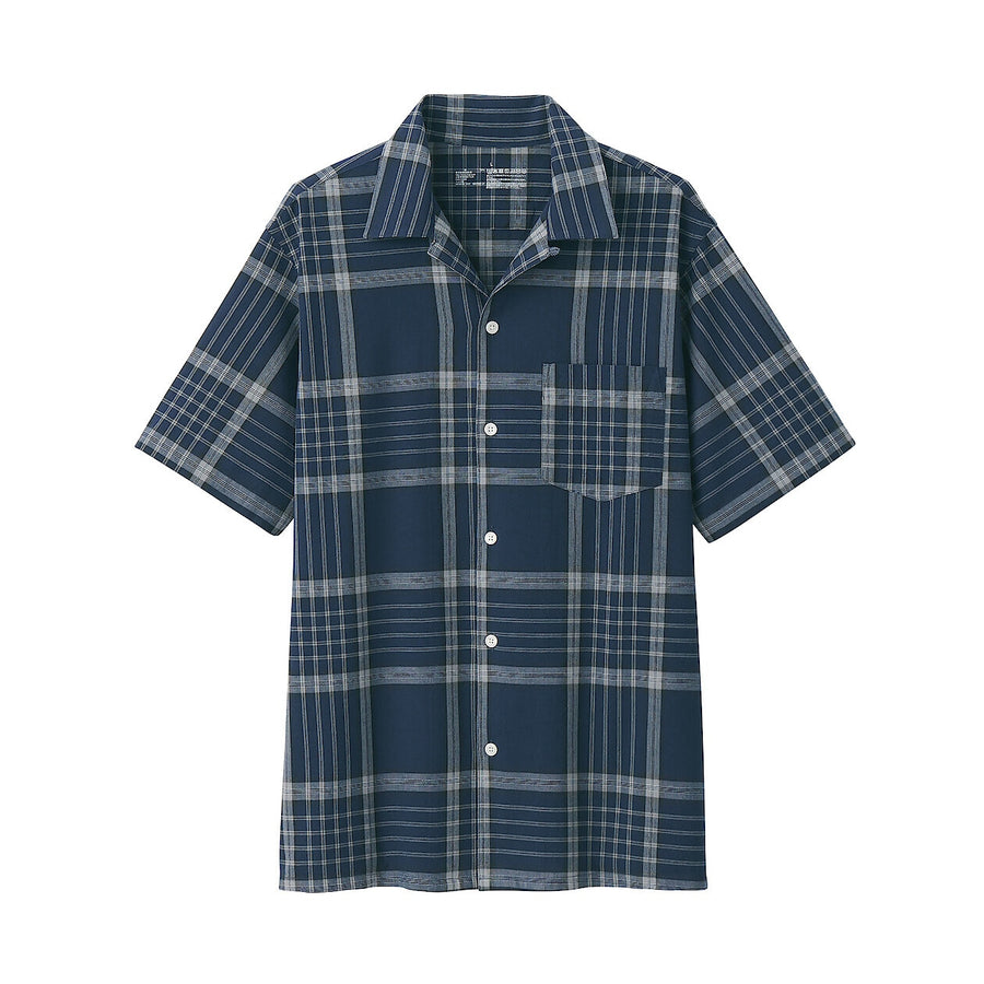 M's Madras Checked open collar S/Slv shirt Green CheckXS