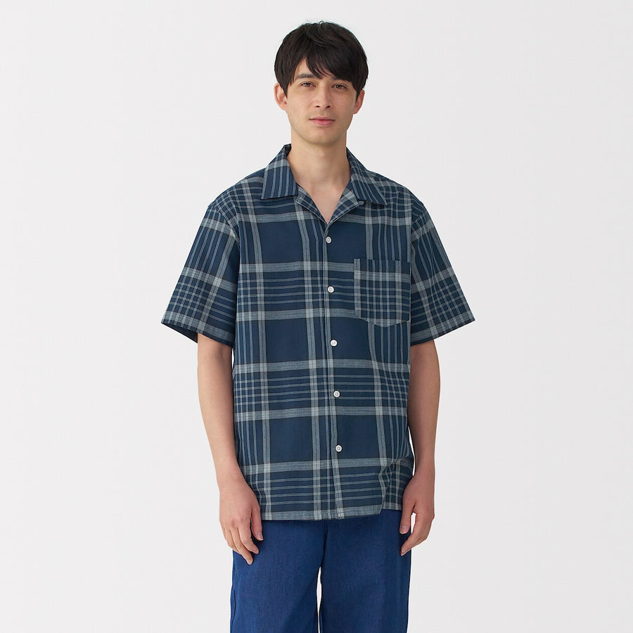 M's Madras Checked open collar S/Slv shirt Green CheckXS