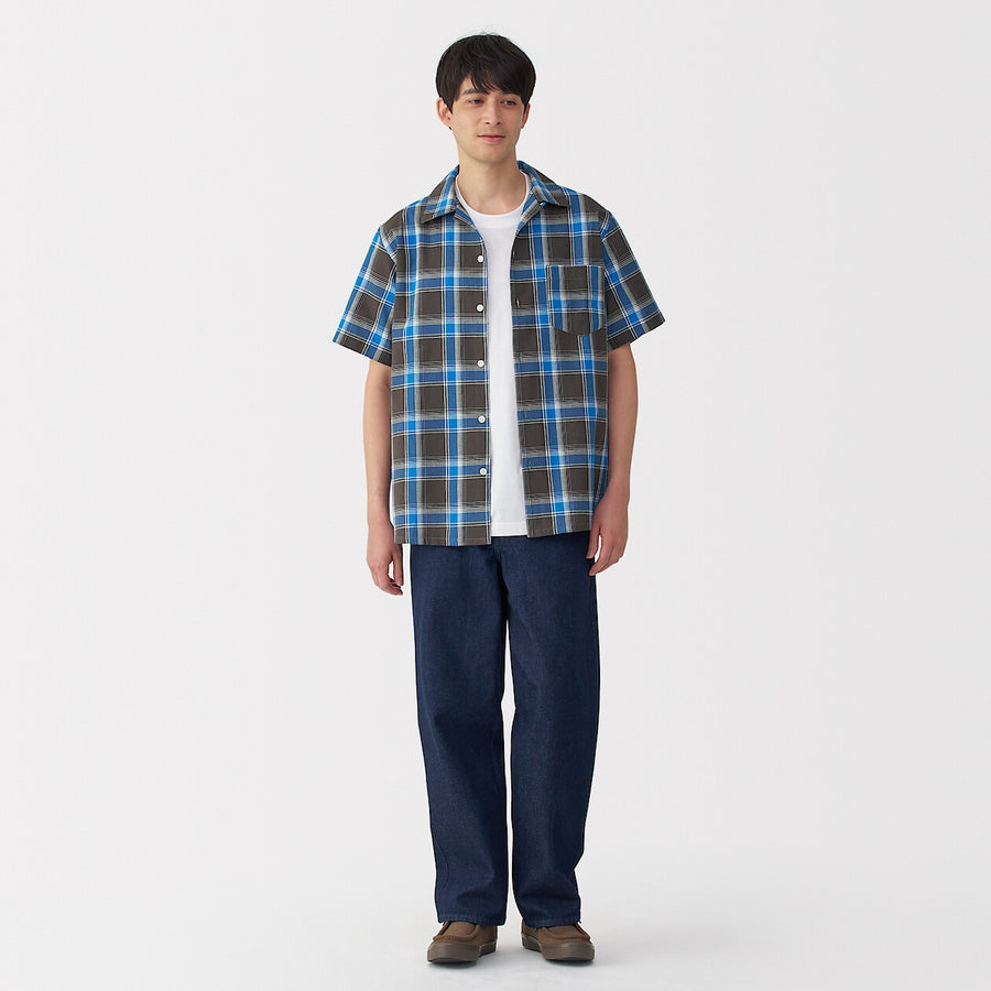 M's Madras Checked open collar S/Slv shirt Green CheckXS