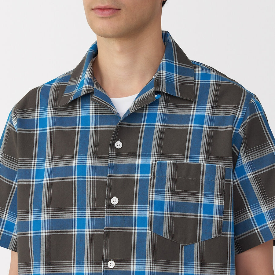 M's Madras Checked open collar S/Slv shirt Green CheckXS